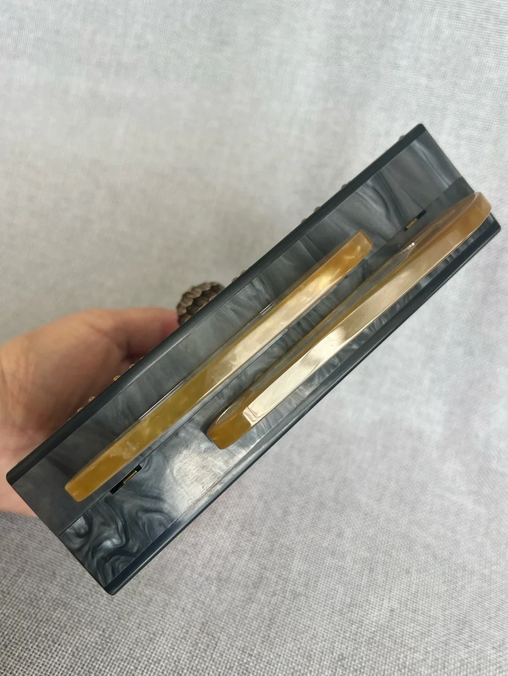 Kurt Geiger Kensington safety pin box clutch on chain gray mother of pearl NWT